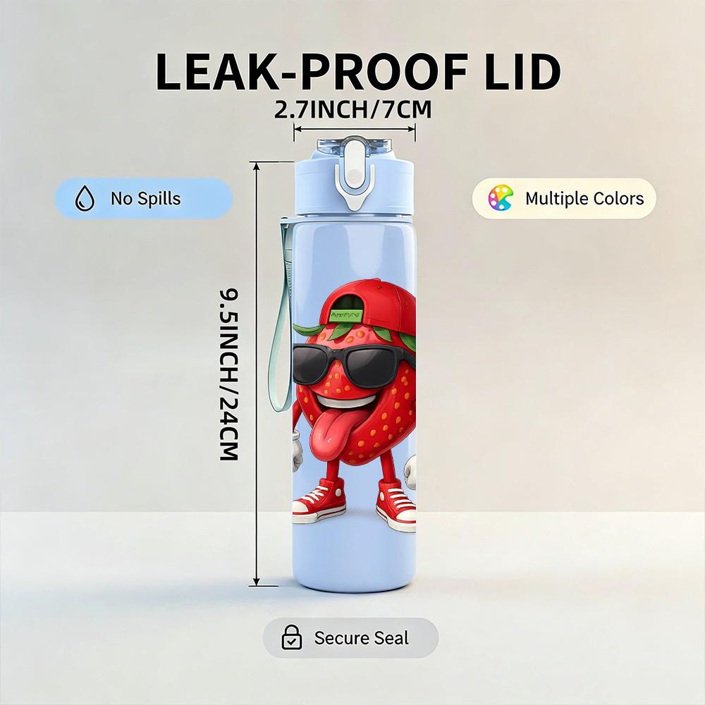 1PC Cool Strawberry Character Cartoon 750ml Color Plastic Sports Water Bottle Leakproof Flip Straw Lid Suitable for Sports Office Home Use