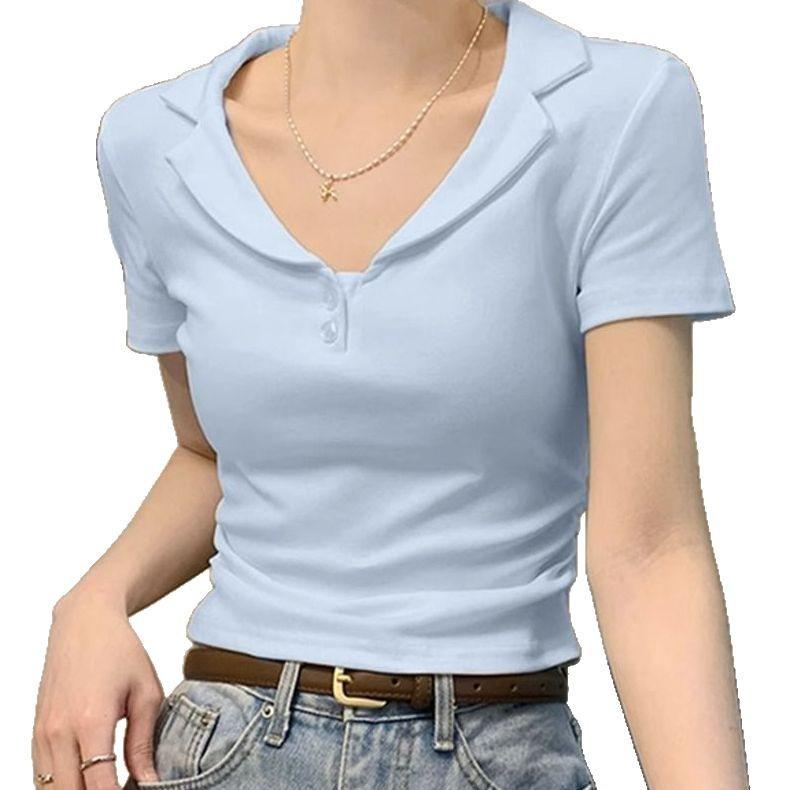 Футболка Polo Lapel Exposed Clavicle с короткими рукавами, женская летняя узкая короткая футболка