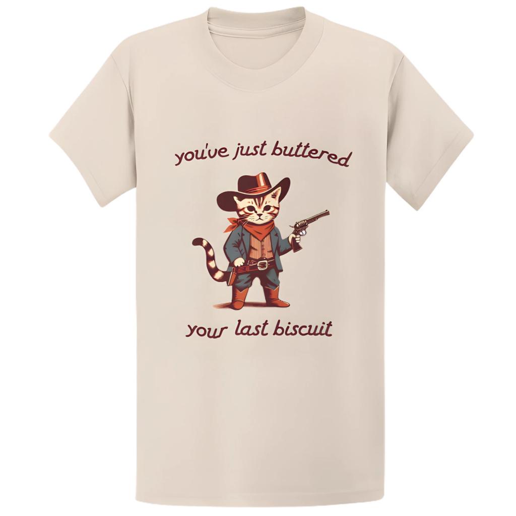 Gildan 5000 Buttered Your Last Biscuit Cowboy Cat T-Shirt, Funny Meowdy Gift Tee