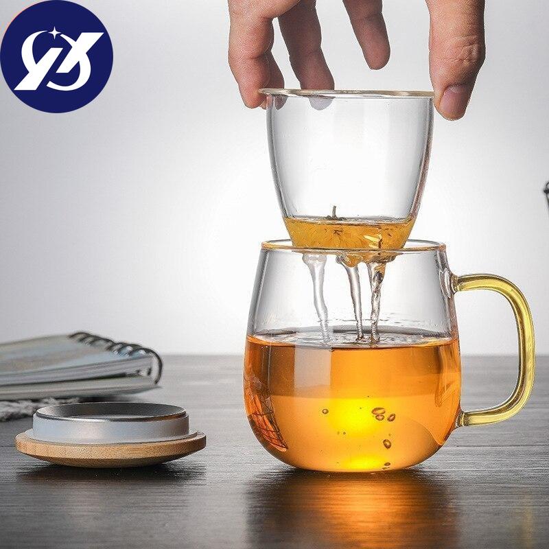 Креативная стеклянная чашка для заварки чая с прозрачной ручкой-фильтром, бамбуковая крышка, термостойкая цветочная чайная чашка, офисная чайная кружка, посуда для напитков