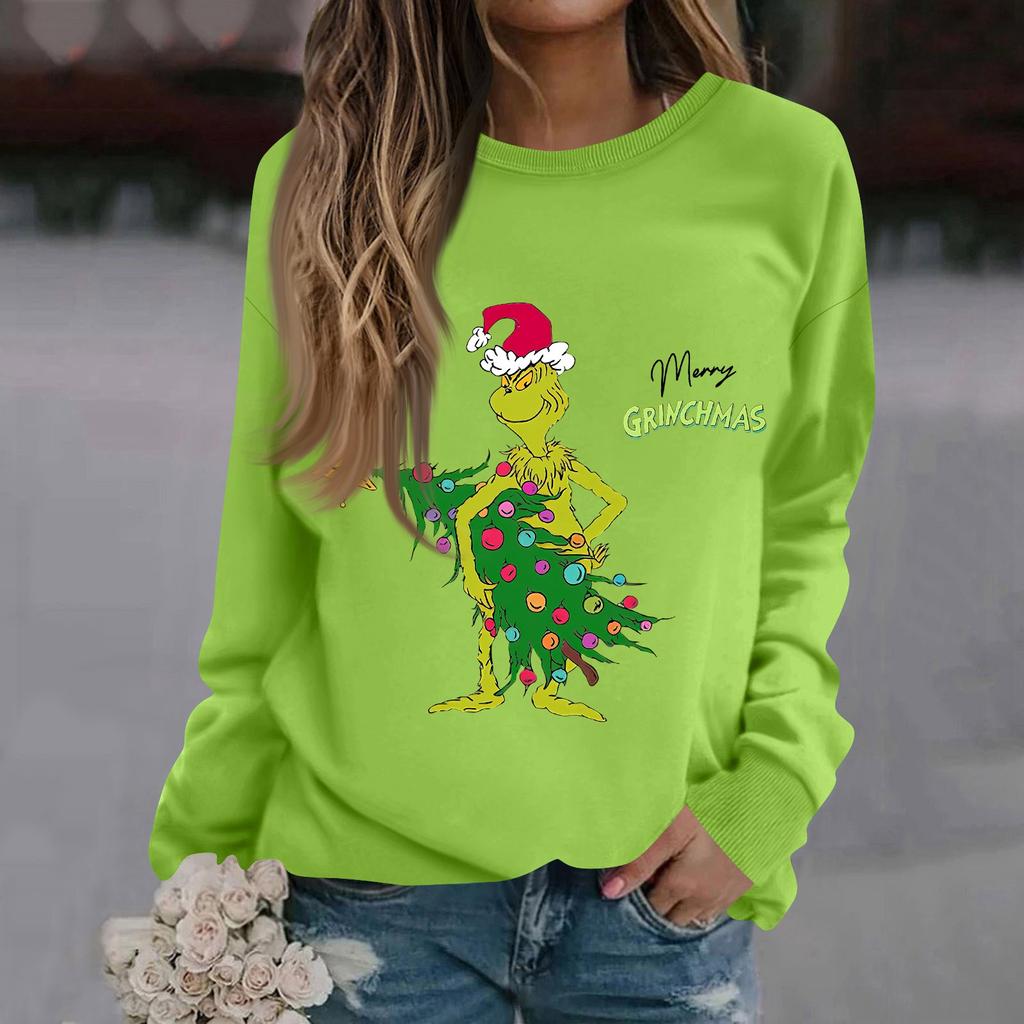 Women's Fashion Casual Long Sleeve Solid Color Christmas Printed Round Neck Top Sweatshirt
