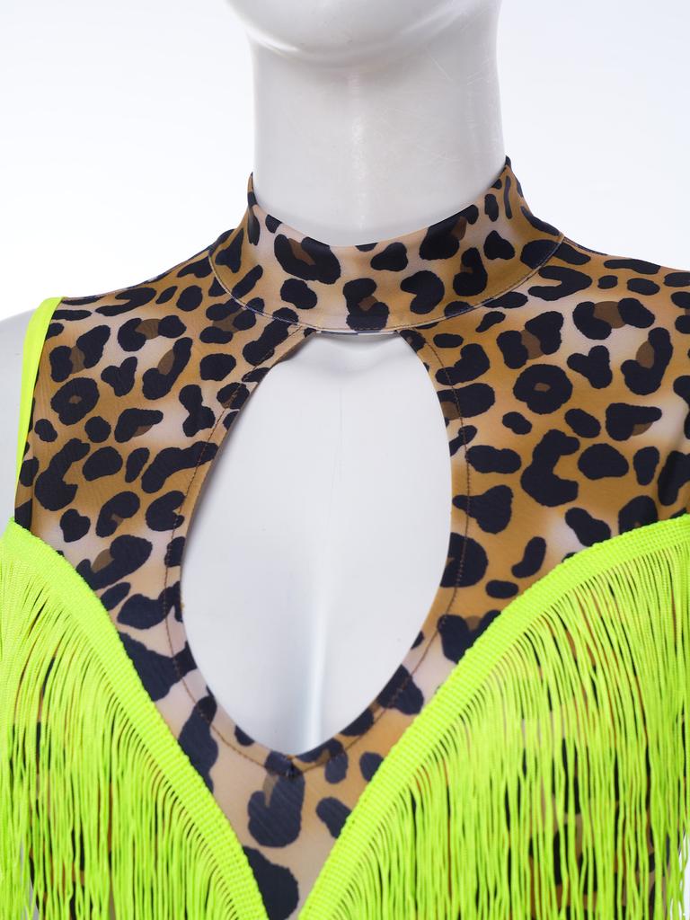 Women Leopard Print Latin Bodysuit Oversleeve Tassel Keyhole Backless Hollow Waist Button Crotch Leotard