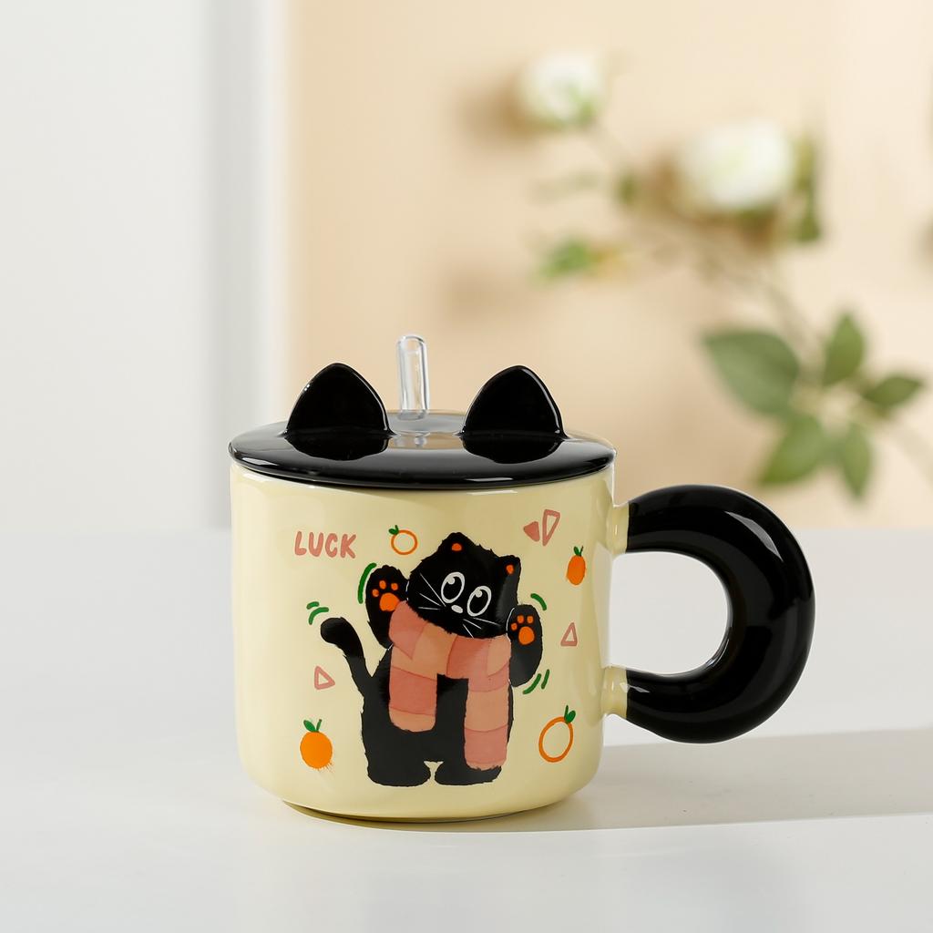 Рельефный котенок с крышкой, милый, высокий, девочка, керамический набор чашек, соломенная чашка, мультяшная кружка, открывающаяся в подарок