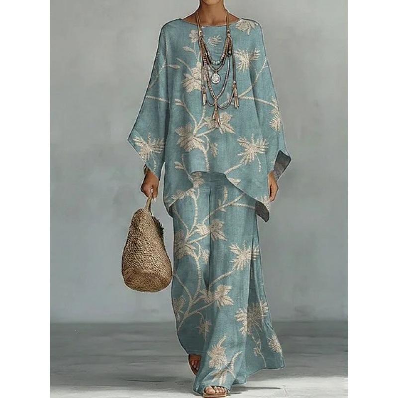 16 European and American artistic sense abstract graffiti casual suit round neck bat sleeve top + wide leg pants loose two-piece set
