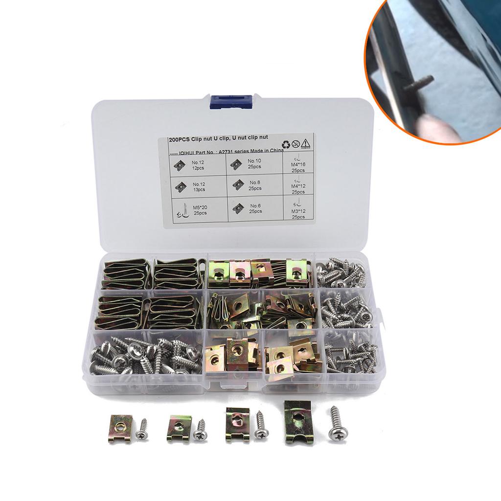200 шт. болтов корпуса, винтов, металла - универсальный комплект U-образных гаек, брызговик двигателя, болт корпуса, фиксатор брызговика, бамперы, гайка крепления