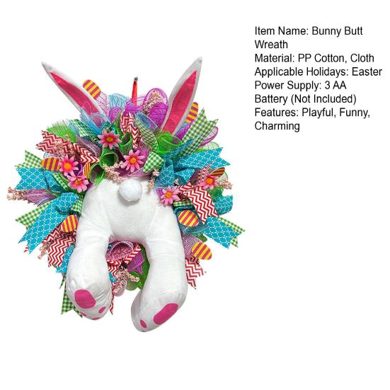 Electric Easter Bunny Wreaths for Front Door Handmade Easter Rabbit Mesh Bow Garland Plush Bunny Butt Door Ornament for Outside Wall Window Spring