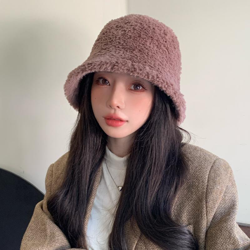 New Fuzzy Niche Bucket Hat Women'S Winter Outdoor Travel Warm Solid Color Basin Hat Tide