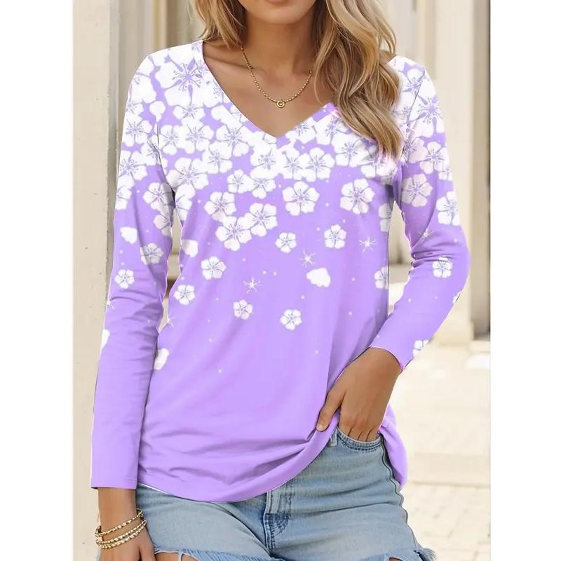 Women's T-Shirt Floral Graphic Flower Elegant Fashion T-shirts Long Sleeve V-Neck Regular Tops Pullover Fall Winter