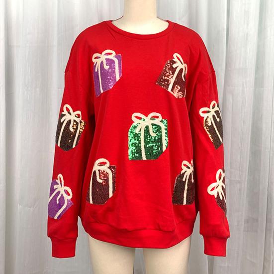 Women Christmas Sweatshirt Sequin Gift Box Pattern Colorful Round Neck Long Sleeve Loose Mid Length Pullover Party Holiday Top