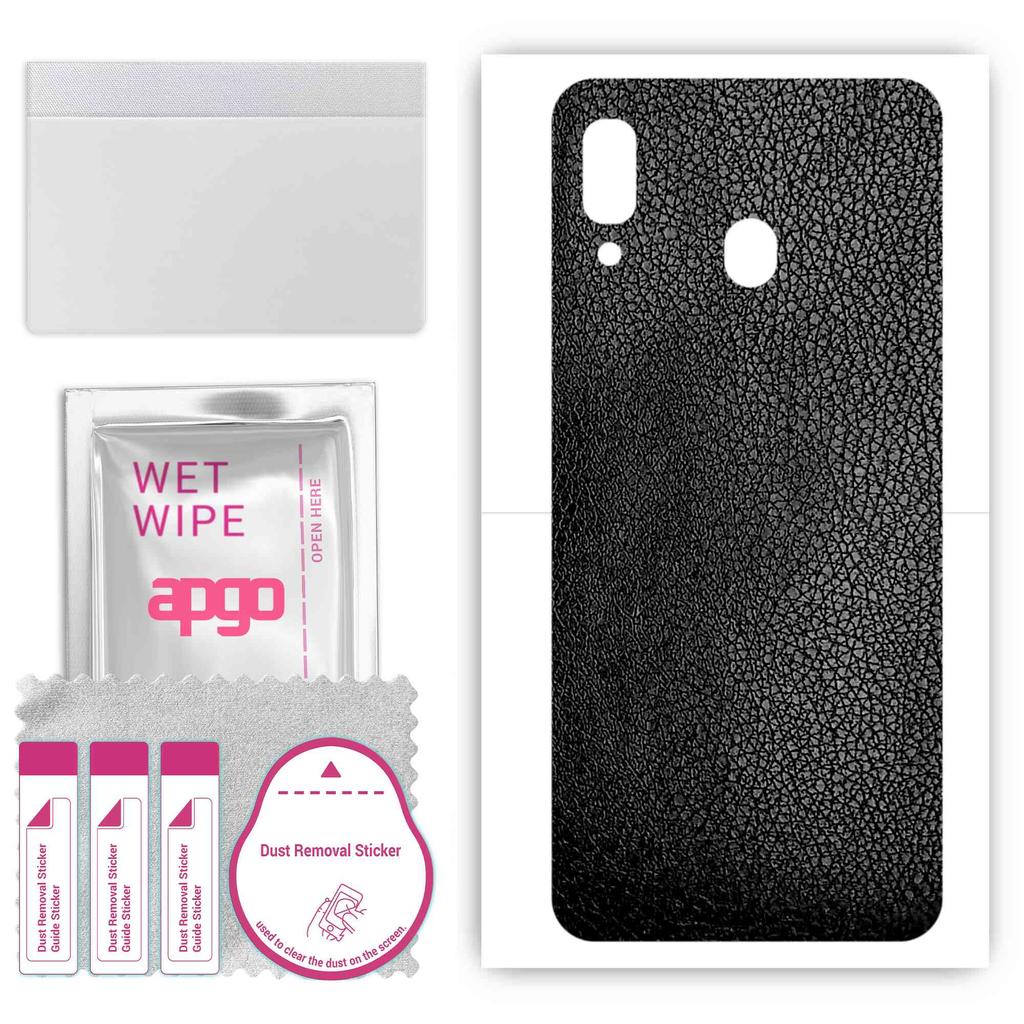 apgo Protective Skin Sticker for the Back Compatible with Samsung Galaxy A20, Wrap Film, Foil, Vinyl - Pattern Black Leather