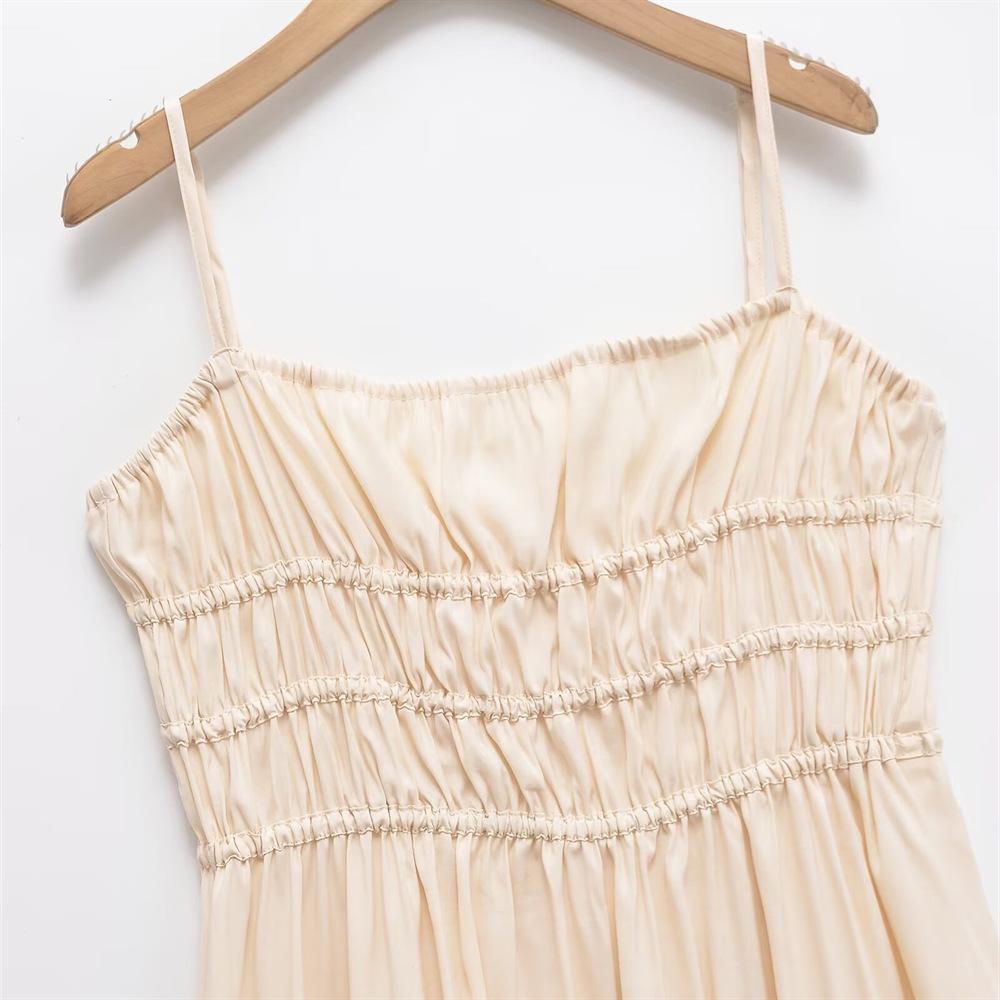 2025 Spring/Summer Slim Fit Sweet Vacation Draped Pleated Long Camisole Dress for Women