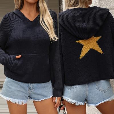 Женский вязаный свитер с капюшоном, реглан, длинный рукав, узор в виде звезды, пуловер с капюшоном, передний карман, свободный свитер