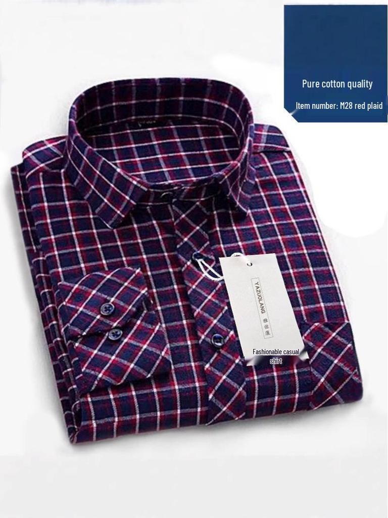 Мужская хлопковая рубашка свободного кроя в клетку - Весенне-осенняя дышащая, не требующая глажки, повседневная одежда для среднего возраста