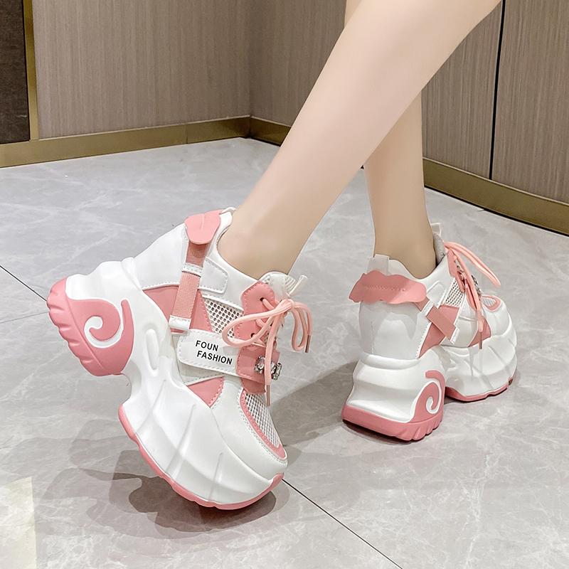 Мода Зима Шнуровка Клинья Повседневная Обувь Женская Серебристые Массивные Кроссовки 10 см Платформа Ботинки Tenis Обувь для Ходьбы Кроссовки Папины Кроссовки Женские