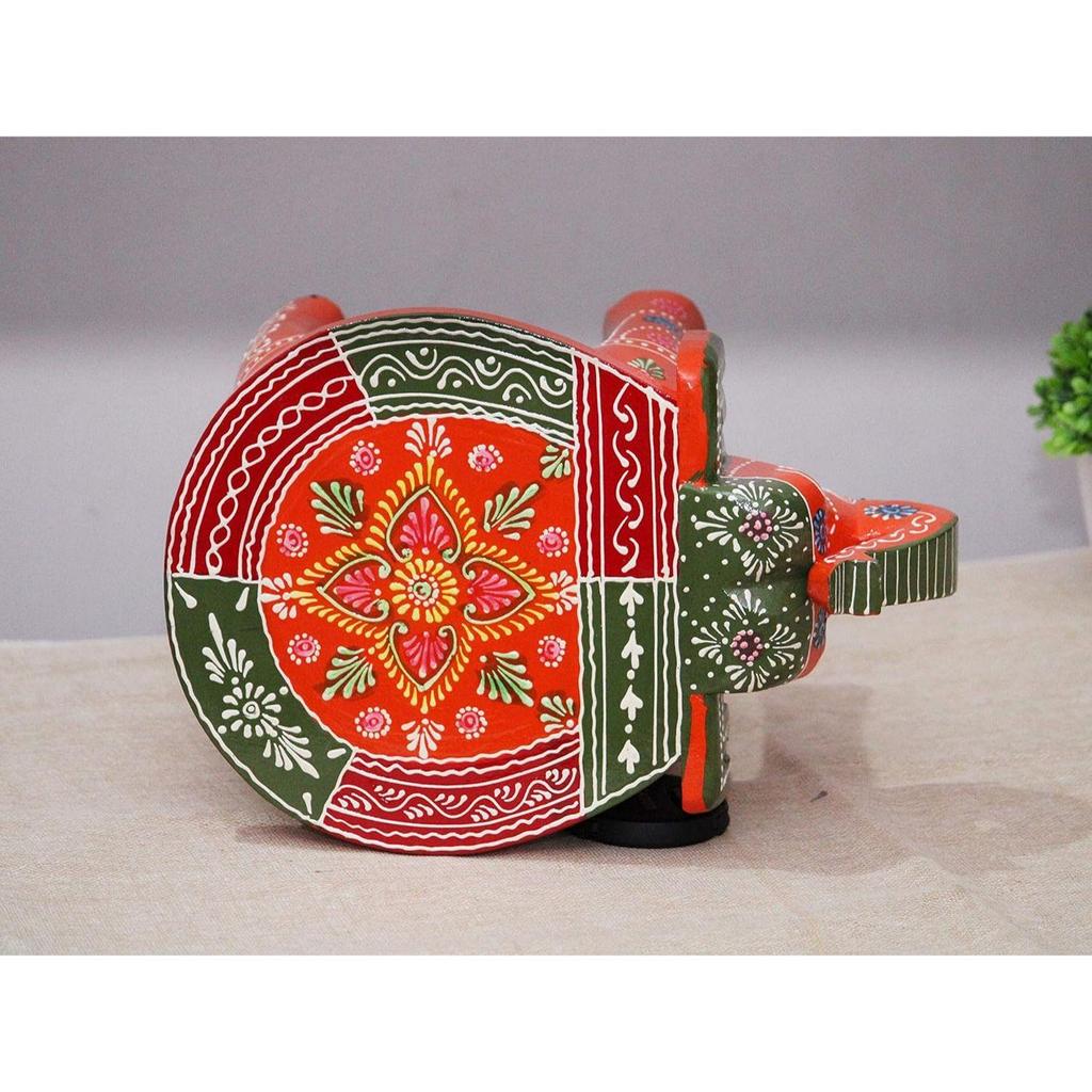 Handcrafted and Hand-Painted Colorful Wooden Elephant Stool/Side Table for Home/Office/Living or Bedroom Decor (Orange & Green)