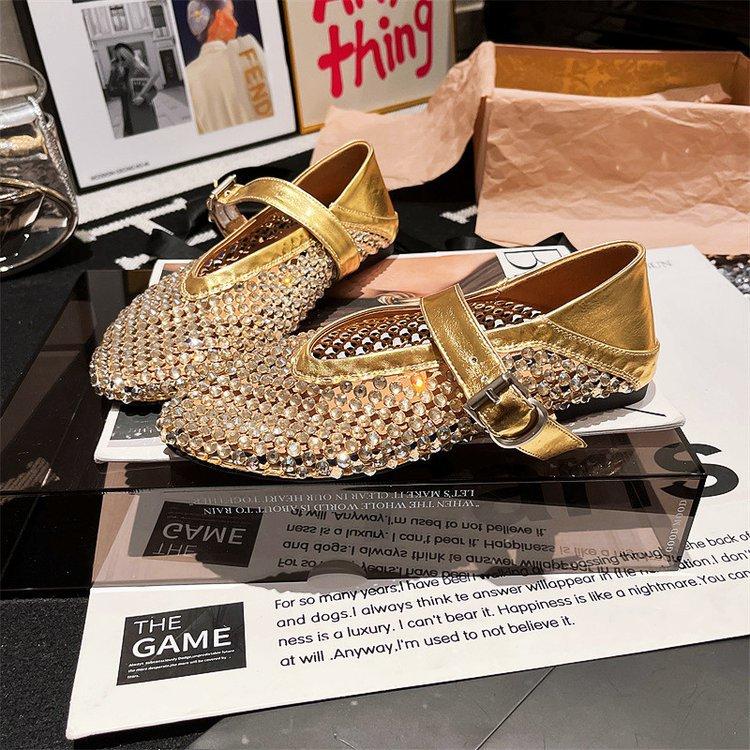 Версия из мягкой кожи~ Европейские стразы, полностью усыпанные бриллиантами, ажурные, одно слово Мэри Джейн, плоская подошва, одинарная обувь, головка сумки, сан