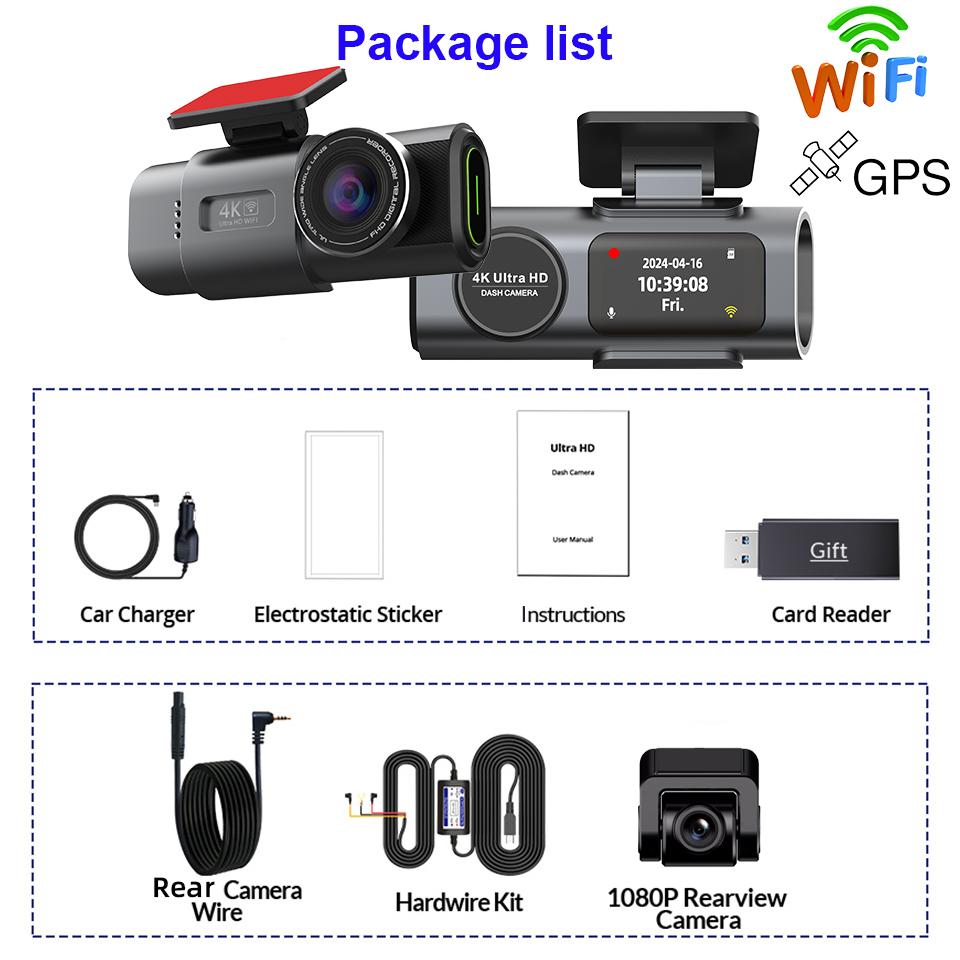 E-ACE Мини-видеорегистратор 4K, GPS, Wi-Fi, 24 часа, двойной объектив для парковки, камера заднего вида 1080P, черный ящик ночного видения для автомобиля