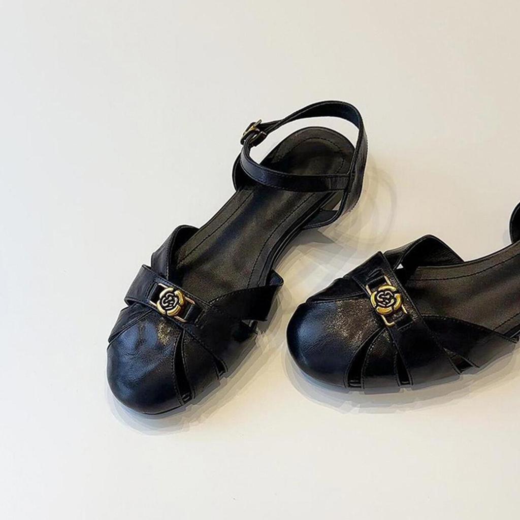 Sheepskin Version~ New Hollow Soft Leather One-word Sandals Women's Round Head Versatile Retro Camellia Shoes