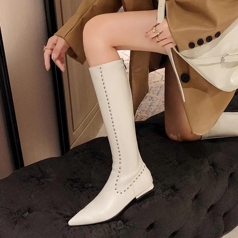 Модные балетки с острым носком женские ботинки челси до колена кожаная обувь осень зима новая мода сексуальные гладиаторские на молнии женские длинные боты