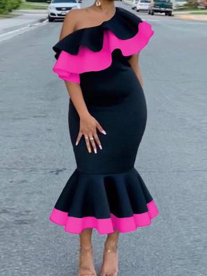 Облегающие платья русалки, женские платья с открытыми плечами и оборками, черные контрастные цвета миди, элегантные африканские платья для вечеринки, дня рождения