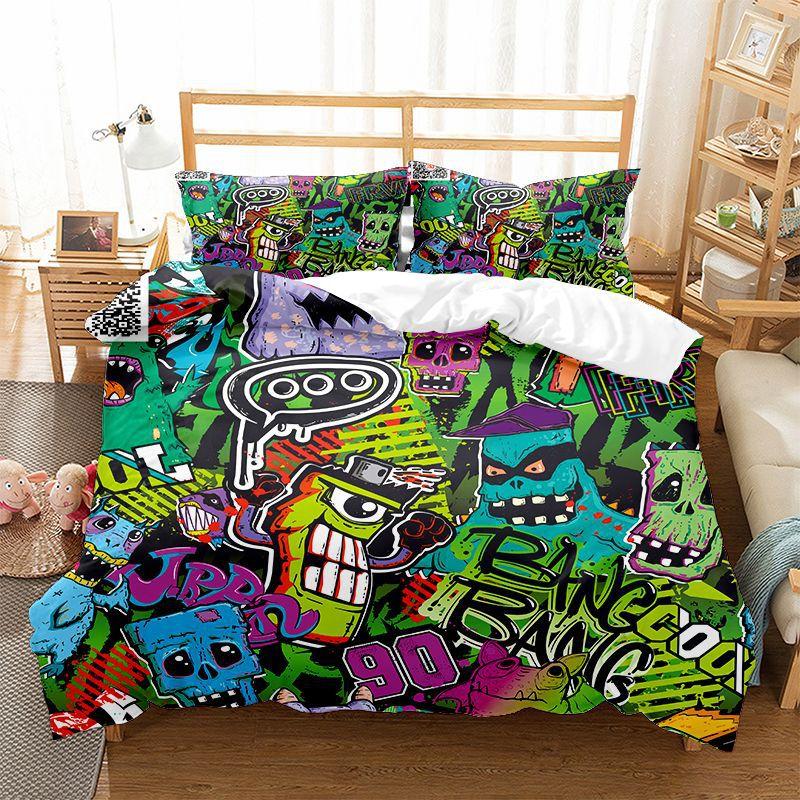 Hippie Graffiti Duvet Cover Set King Queen Size For Kids Boys Youth Polyester Comforter Cover Modern Street Art Bedspread Cover