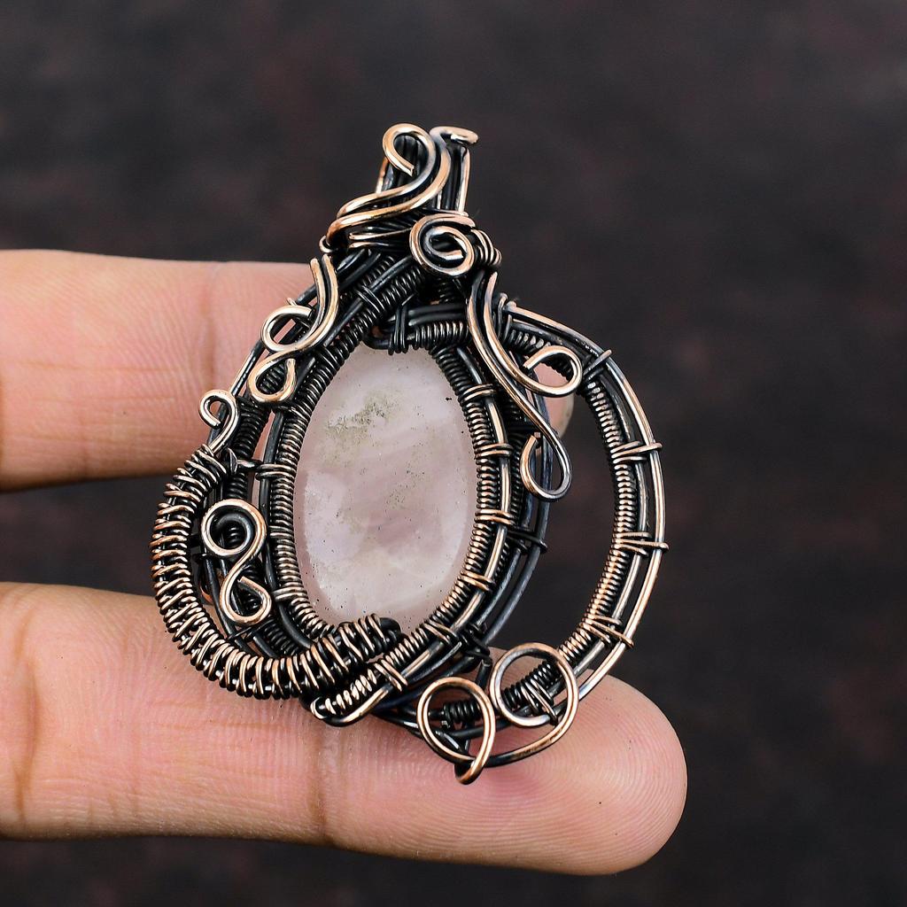 Кулон из розового кварца, медная проволока, кулон с драгоценным камнем, элегантный кулон, ювелирные изделия из розового кварца, медные украшения ручной работы для подарка, достойный кулон
