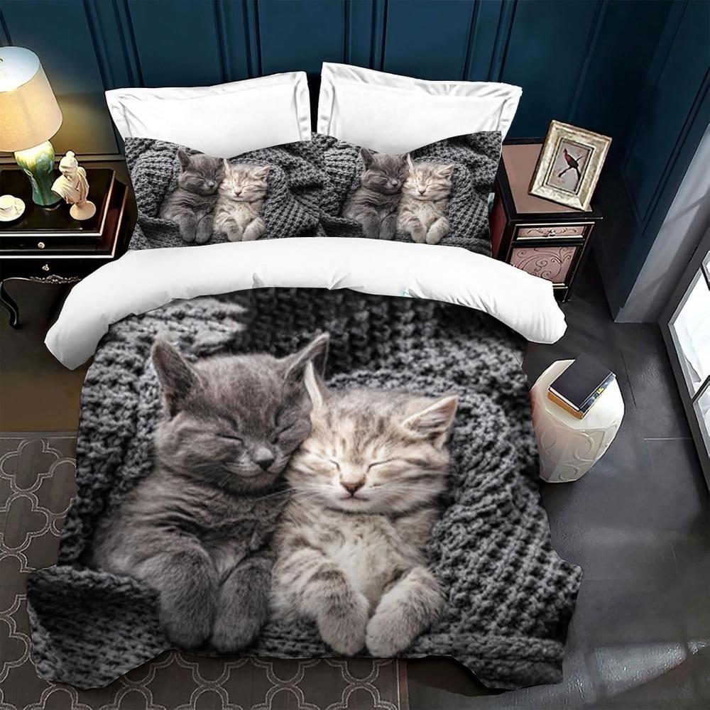 Милый пододеяльник с кошкой, 3D-рисунок кошки, набор из 3 предметов для детей и взрослых, постельное белье на молнии, 2 наволочки, ультратонкое волокно