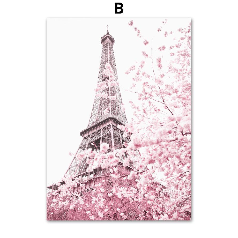 Pink Flower Balcony Tower Paris Car Bicycle Umbrella Wall Art Print Canvas Painting Nordic Poster Decor Pictures For Living Room
