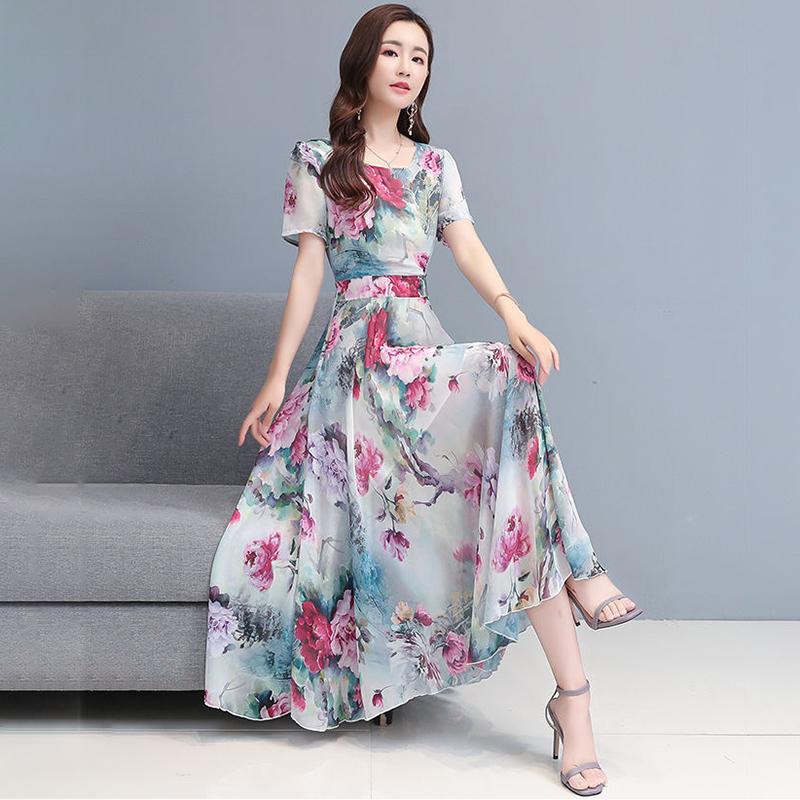 New Elegant Floral Fashion Dress Women's Summer Fashion Cover Belly Slim Long Flowing Dress Beach Skirt.