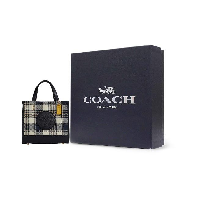 Coach Dempsey 22 Plaid Fabric And Leather Tote Shoulder Crossbody Bag Small Women Bags Dark-Navy Beige C8198-IMF23