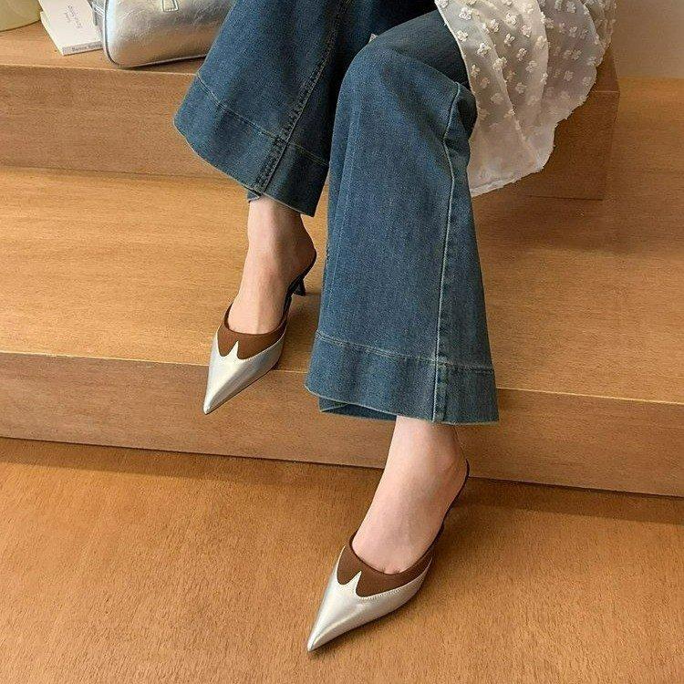 2025 весна и лето новые европейские и американские туфли с острыми каблуками, подходящие по цвету, темпераментные туфли с сумкой на голове, классные женские туфли на тонком среднем каблуке, полукруглые