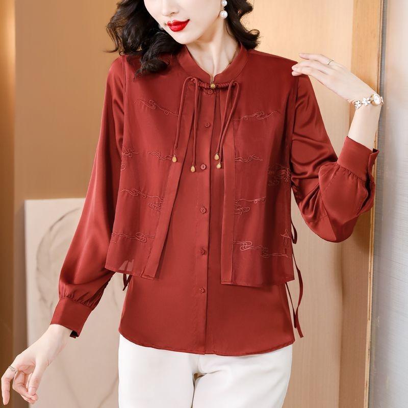 Новый китайский вышитый повседневный шифоновый топ женский с длинным рукавом осенний для мамы рубашка-обманка из двух частей