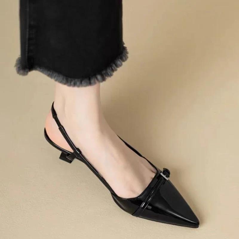 Sexy Women Sandals Low Heels Pointed Toe Ladeis Shoes for Women Designer Slingback Shoes Patent Leather Sandals Wedding Shoes