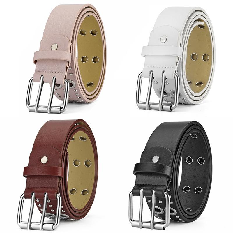 Ремень в стиле панк с полыми заклепками для мужчин и женщин с двухрядной пряжкой