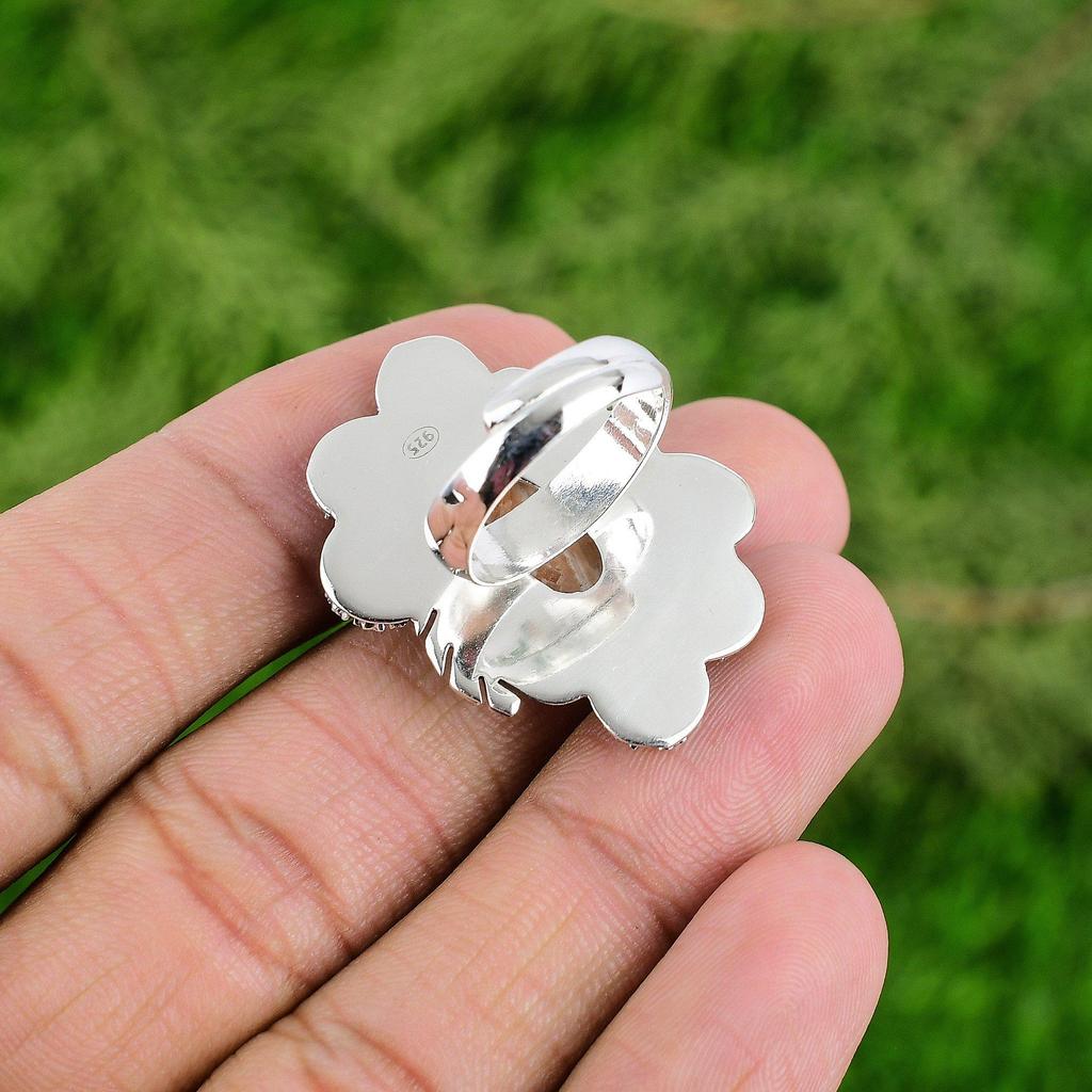 Natural Scolecite Gemstone Statement Flower Peach Adjustable Ring 925 Silver