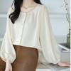 New Fashion Lantern Sleeve Loose Casual Blouse Women Single Breasted Elegant Solid Vintage Shirts Women Tops Round Neck Plus Size Ladies Blouses 26335