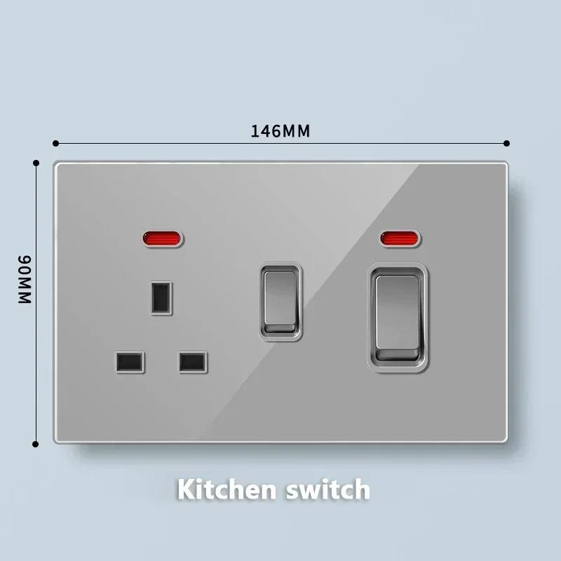 Universal Tempered Glass Dual 3 Pin Power outlet,UK 13A Wall Plug Socket with 20W Fast charge,Home Electrical 2way Light Switch