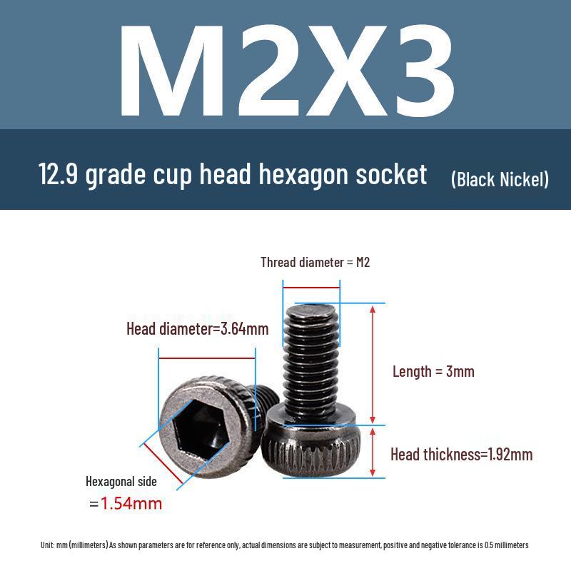 Yigu High-Strength Black Nickel Hex Socket Screw, M1.6-M4, Knurled Cup Head Bolt, 12.9 Grade.