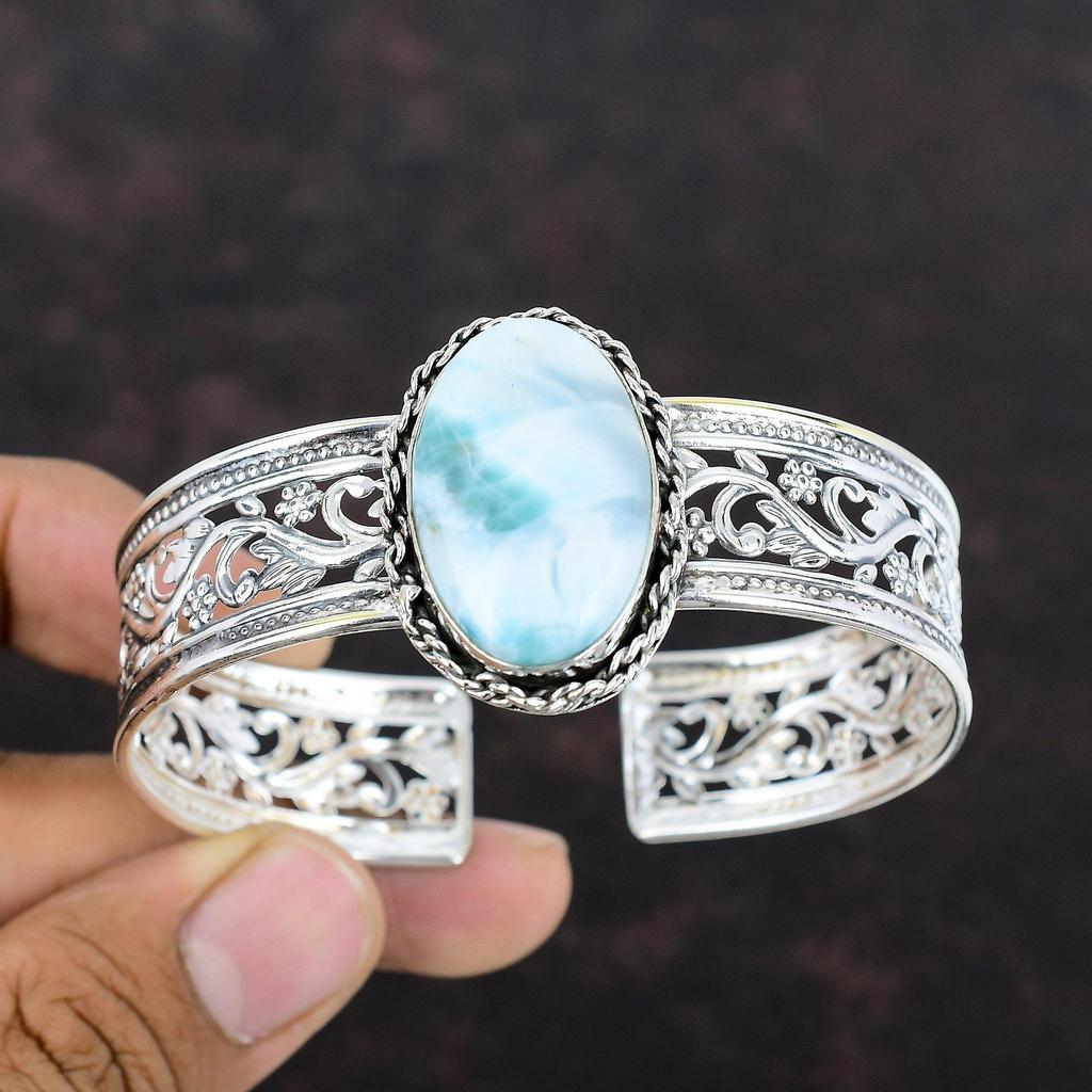 Larimar Cuff Bracelet Handmade Gemstone Bangle 925 Sterling Silver Adjustable Bangle Antique Cuff Bracelet Gift For Mother Wedding Jewelry