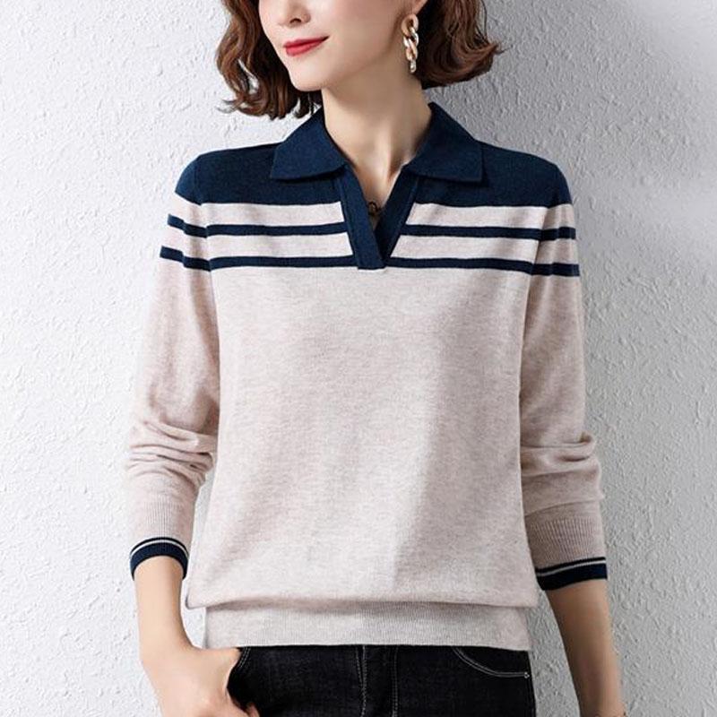 New Autumn Fashion Loose Versatile Polo Collar Panel Contrast Color Temperament Women's Knitted Long Sleeve Sweater