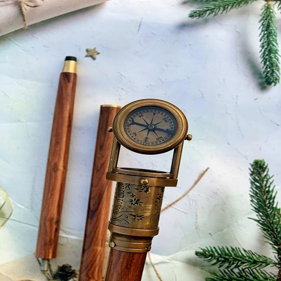 Трость из латуни с гравировкой, уникальной складной ручкой в ​​стиле телескопа, тростью с компасом и ручкой телескопа, ручкой Dolland London 1920 года