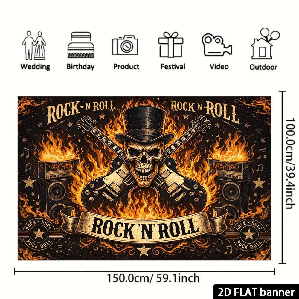 2D Plane Rock "RO N ROLL" Theme Background Banner Featuring Hat-wearing Skeleton with Dual Electric Guitars Elements