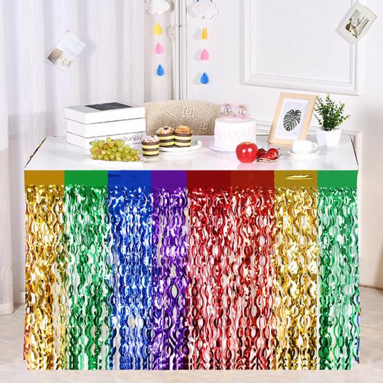 1Pc/2Pcs Rainbow Wavy Table Skirt Metallic Tinsel Foil Fringe Streamers for Birthday Wedding Fiesta Party Decoration