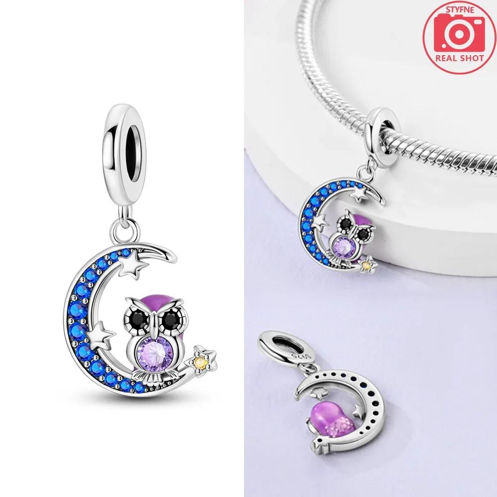 Authentic copper Charm Moon Yellow Stars Blue Zircon Feathers Bead Charms Compatible With Bracelets Women Diy Accessory Valentines Fine Gift