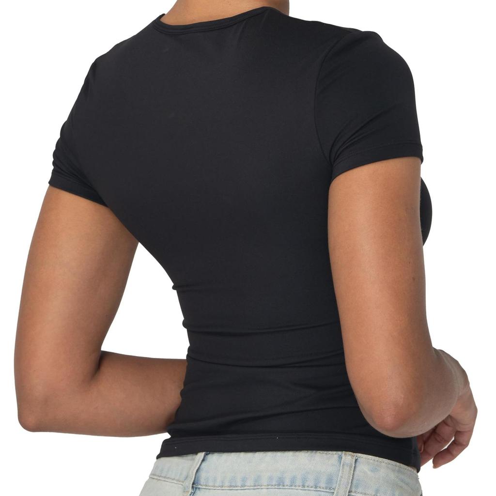 Рубашки с коротким рукавом для женщин, облегающая двухслойная футболка с круглым вырезом, базовые летние топы для тренировок и повседневной носки