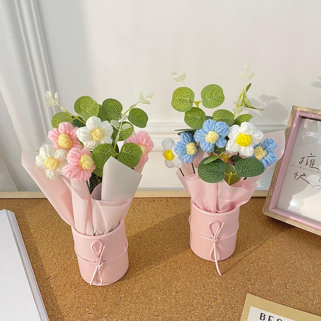 Forever Knitted Flower Bouquet Handmade Puff Crochet Roses Eternal Flower Gift for Mothers Day Teachers Day Home Decor Ornament