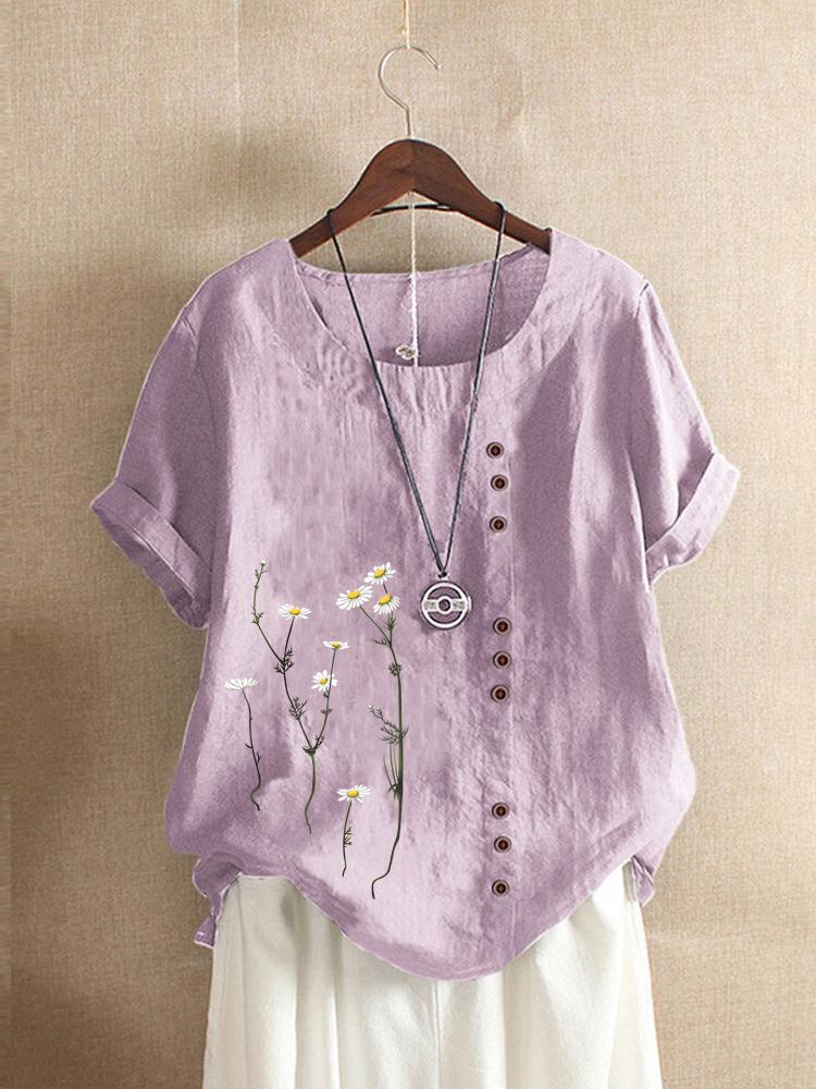 Cotton and Linen Printed T Shirt Tops Women's Summer Loose T Shirt Shirts