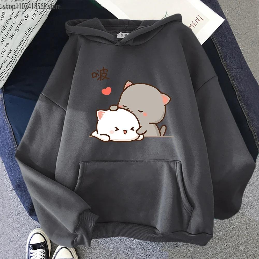Персиковые кошачьи худи Кавайная одежда Эстетичные милые розовые топы Оверсайз толстовки с мультяшным принтом Женские теплые уличные мужские