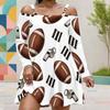 Women Plus Size Cold Shoulder Long Sleeve Football Printed White Dress