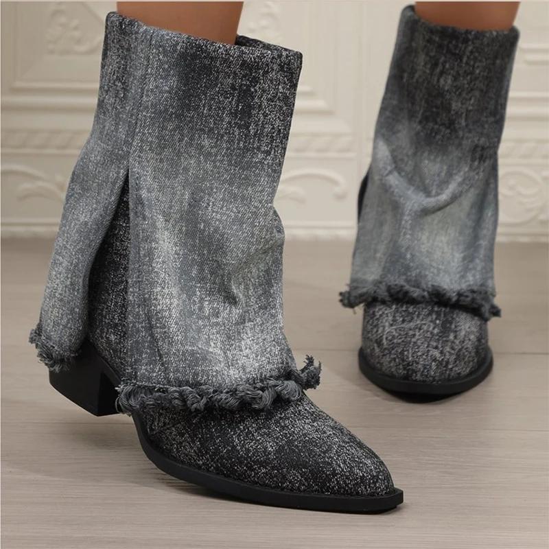 Модные ковбойские женские высокие сапоги с острым носком, зимние дизайнерские туфли на толстой подошве до середины голени, женские зимние сапоги 2024 года, готические женские ботинки